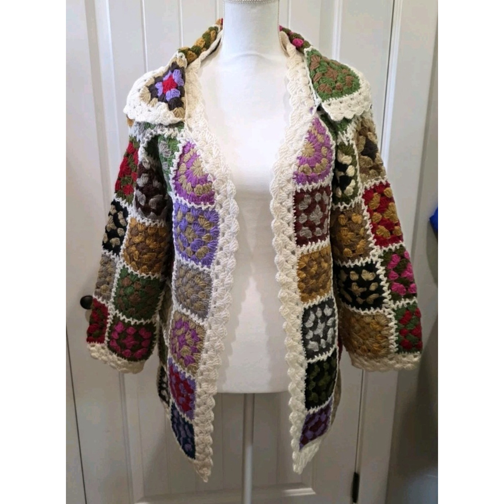 Rhea Granny Square 100% Wool Cardigan S/M NWT Collared Multi Color Cottage Core